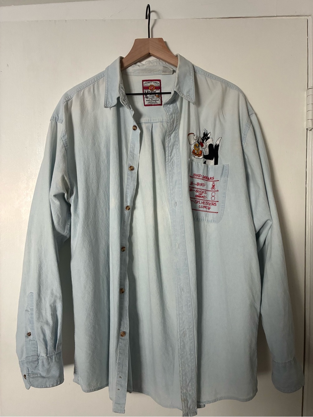 Light Blue Denim Looney Tunes Embroidered Pocket Shirt